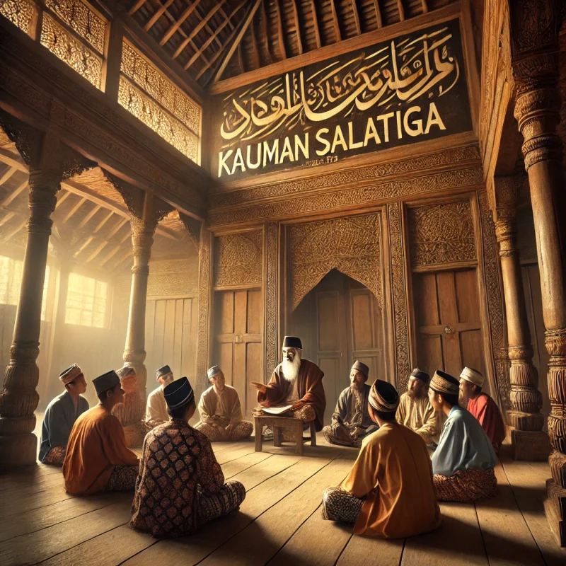 Gambar ilustrasi suasana musyawarah Ki Rono Sentiko dengan para santri di Masjid Kauman Salatiga (Dibuat dengan Artificial Intelligence).